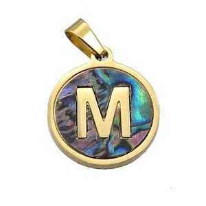 Stainless Steel Pendant Pave Abalone Shell Letter-M Gold Plated, approx 15mm dia