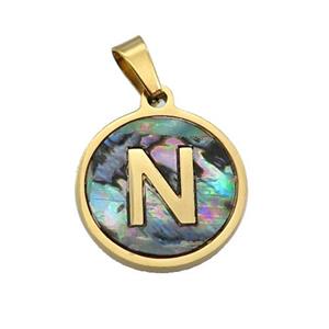 Stainless Steel Pendant Pave Abalone Shell Letter-N Gold Plated, approx 15mm dia