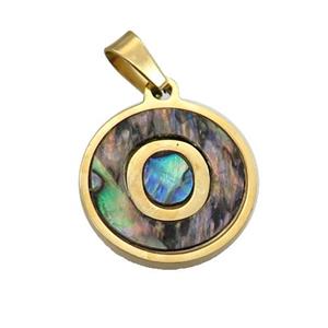 Stainless Steel Pendant Pave Abalone Shell Letter-O Gold Plated, approx 15mm dia