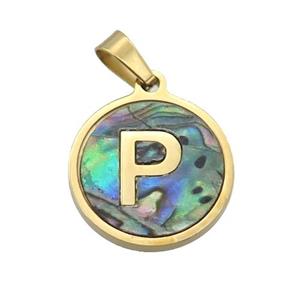 Stainless Steel Pendant Pave Abalone Shell Letter-P Gold Plated, approx 15mm dia