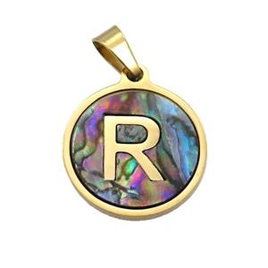 Stainless Steel Pendant Pave Abalone Shell Letter-R Gold Plated, approx 15mm dia