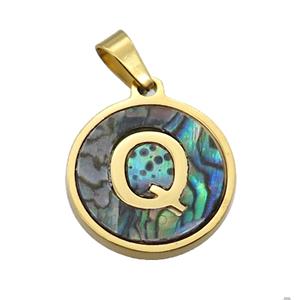 Stainless Steel Pendant Pave Abalone Shell Letter-Q Gold Plated, approx 15mm dia