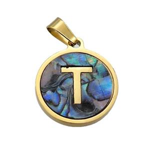Stainless Steel Pendant Pave Abalone Shell Letter-T Gold Plated, approx 15mm dia
