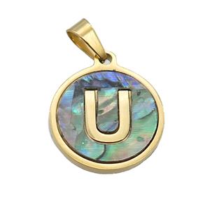 Stainless Steel Pendant Pave Abalone Shell Letter-U Gold Plated, approx 15mm dia
