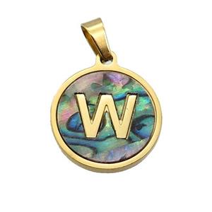 Stainless Steel Pendant Pave Abalone Shell Letter-W Gold Plated, approx 15mm dia