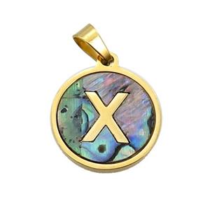 Stainless Steel Pendant Pave Abalone Shell Letter-X Gold Plated, approx 15mm dia