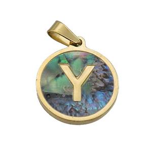 Stainless Steel Pendant Pave Abalone Shell Letter-Y Gold Plated, approx 15mm dia