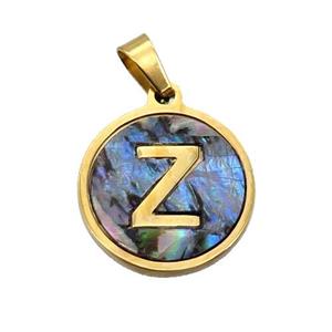Stainless Steel Pendant Pave Abalone Shell Letter-Z Gold Plated, approx 15mm dia