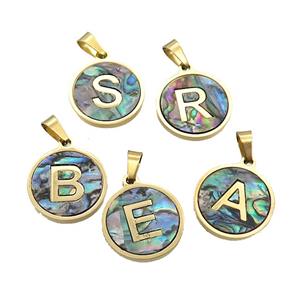 Stainless Steel Letter Pendant Pave Abalone Shell Mix Alphabet Gold Plated, approx 15mm dia