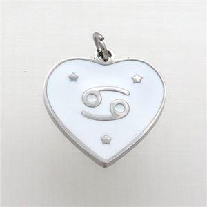 Raw Stainless Steel Heart Pendant White Enamel Zodiac Cancer, approx 15mm