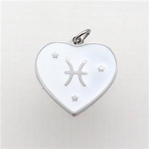 Raw Stainless Steel Heart Pendant White Enamel Zodiac Pisces, approx 15mm