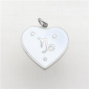Raw Stainless Steel Heart Pendant White Enamel Zodiac Capricorn, approx 15mm