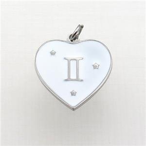 Raw Stainless Steel Heart Pendant White Enamel Zodiac Gemini, approx 15mm