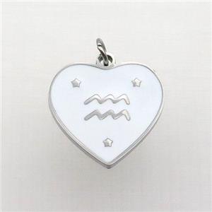 Raw Stainless Steel Heart Pendant White Enamel Zodiac Aquarius, approx 15mm