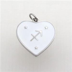 Raw Stainless Steel Heart Pendant White Enamel Zodiac Sagittarius, approx 15mm