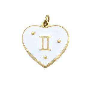 Stainless Steel Heart Pendant White Enamel Zodiac Gemini Gold Plated, approx 15mm