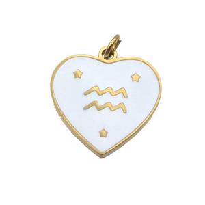 Stainless Steel Heart Pendant White Enamel Zodiac Aquarius Gold Plated, approx 15mm