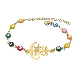 Stainless Steel Bracelets Evil Eye Multicolor Anchor Gold Plated, approx 20-35mm, 6mm, 16-22cm length