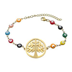 Stainless Steel Bracelets Evil Eye Multicolor Life Of Tree Gold Plated, approx 25mm, 6mm, 16-22cm length