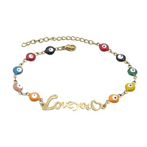 Stainless Steel Bracelets Evil Eye Multicolor LOVE Heart Gold Plated, approx 10-35mm, 6mm, 16-22cm length