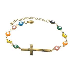 Stainless Steel Bracelets Evil Eye Multicolor Cross Gold Plated, approx 12-35mm, 6mm, 16-22cm length