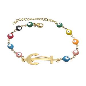 Stainless Steel Bracelets Evil Eye Multicolor Anchor Gold Plated, approx 11-35mm, 6mm, 16-22cm length