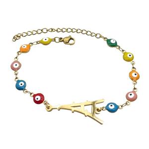 Stainless Steel Bracelets Evil Eye Multicolor Eiffel Tower Gold Plated, approx 14-30mm, 6mm, 16-22cm length