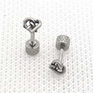 Raw Stainless Steel Stud Earrings Double Heart, approx 5mm