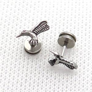 Raw Stainless Steel Stud Earrings Hummer Birds, approx 9-10mm