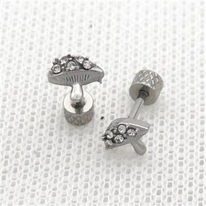 Raw Stainless Steel Stud Earrings Pave Rhinestone Mushroom, approx 6-7mm