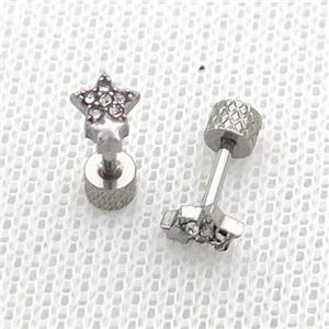 Raw Stainless Steel Stud Earrings Pave Rhinestone Star, approx 5-6mm