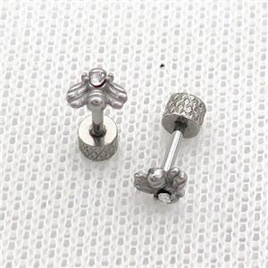 Raw Stainless Steel Stud Earrings Pave Rhinestone Bee, approx 6mm