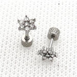 Raw Stainless Steel Stud Earrings Pave Rhinestone Flower, approx 7mm