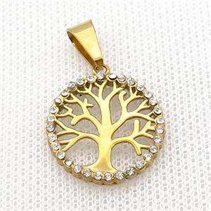 Stainless Steel Pendant Tree Of Life Pave Rhinestone Gold Plated, approx 20mm