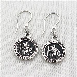 Stainless Steel Hook Earring Saint Christopher Antique Silver, approx 18.5mm