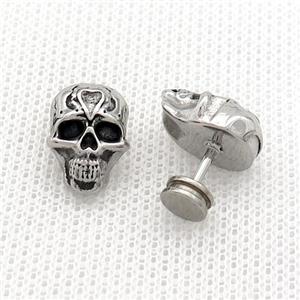 Raw Stainless Steel Stud Earrings Skull, approx 9.5-14mm