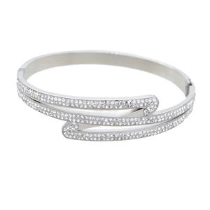 Raw Stainless Steel Bangle Pave Rhinestone, approx 14.5mm, 50-60mm dia