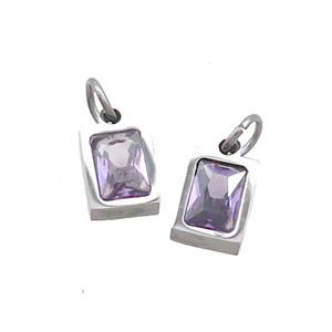 Raw Stainless Steel Pendant Pave Purple Zircon Rectangle, approx 4x6mm