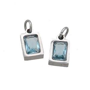Raw Stainless Steel Pendant Pave Aqua Zircon Rectangle, approx 4x6mm