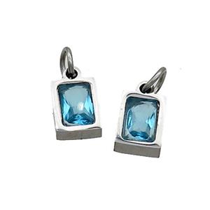 Raw Stainless Steel Pendant Pave Aqua Zircon Rectangle, approx 4x6mm