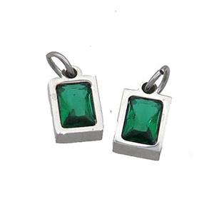 Raw Stainless Steel Pendant Pave Green Zircon Rectangle, approx 4x6mm