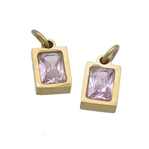 Stainless Steel Pendant Pave Pink Zircon Rectangle Gold Plated, approx 4x6mm