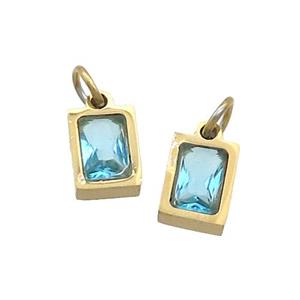 Stainless Steel Pendant Pave Aqua Zircon Rectangle Gold Plated, approx 4x6mm