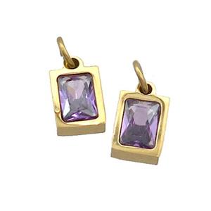 Stainless Steel Pendant Pave Purple Zircon Rectangle Gold Plated, approx 4x6mm