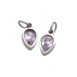 Raw Stainless Steel Teardrop Pendant Pave Pink Zircon, approx 4x6mm