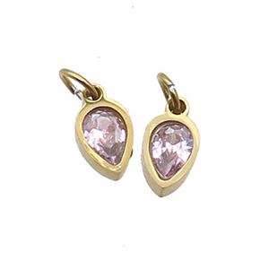 Stainless Steel Teardrop Pendant Pave Pink Zircon Gold Plated, approx 4x6mm