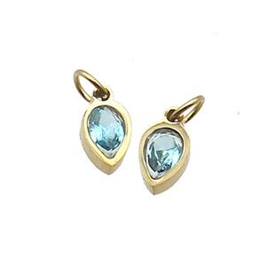 Stainless Steel Teardrop Pendant Pave Aqua Zircon Gold Plated, approx 4x6mm