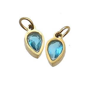 Stainless Steel Teardrop Pendant Pave Aqua Zircon Gold Plated, approx 4x6mm