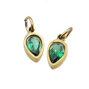 Stainless Steel Teardrop Pendant Pave Green Zircon Gold Plated, approx 4x6mm