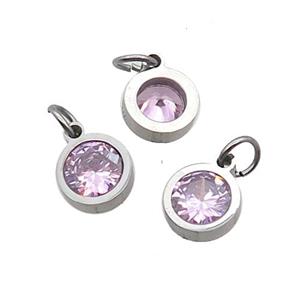Raw Stainless Steel Pendant Pave Pink Zircon Circle, approx 6mm